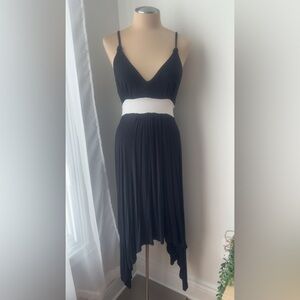 Black Maxi Dress with White Waistband - Women's Elegant V-Neck